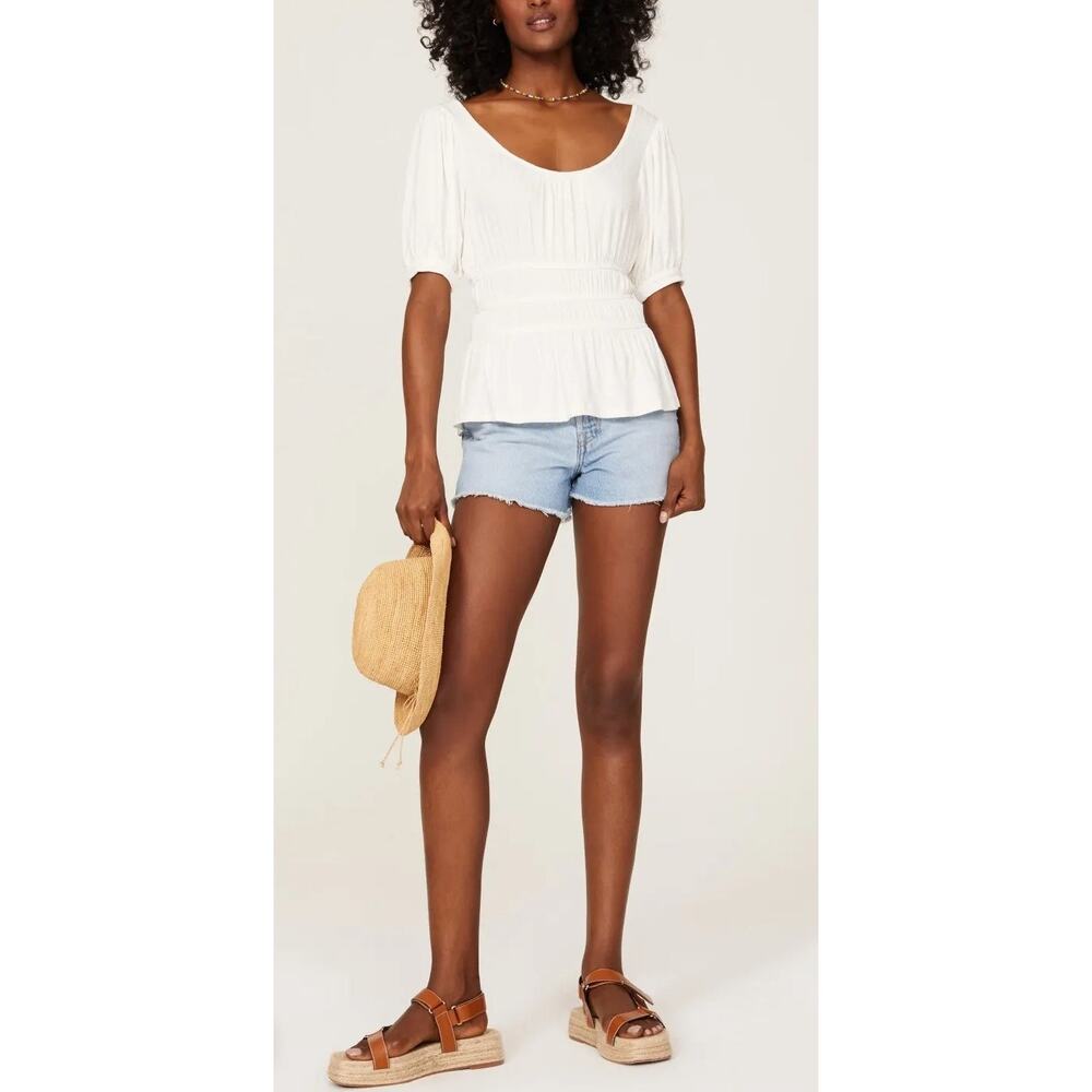 Slate & Willow White Smocked Peplum Top Puff Sleeve Rayon Scoop Neck Top Size M